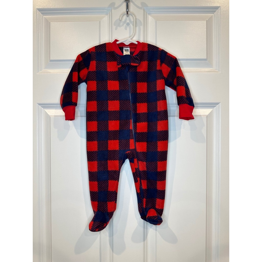 HB Baby Size 0-3 Months Red Blue Buffalo Plaid Fleece Footed Pajamas Sleepsuit
